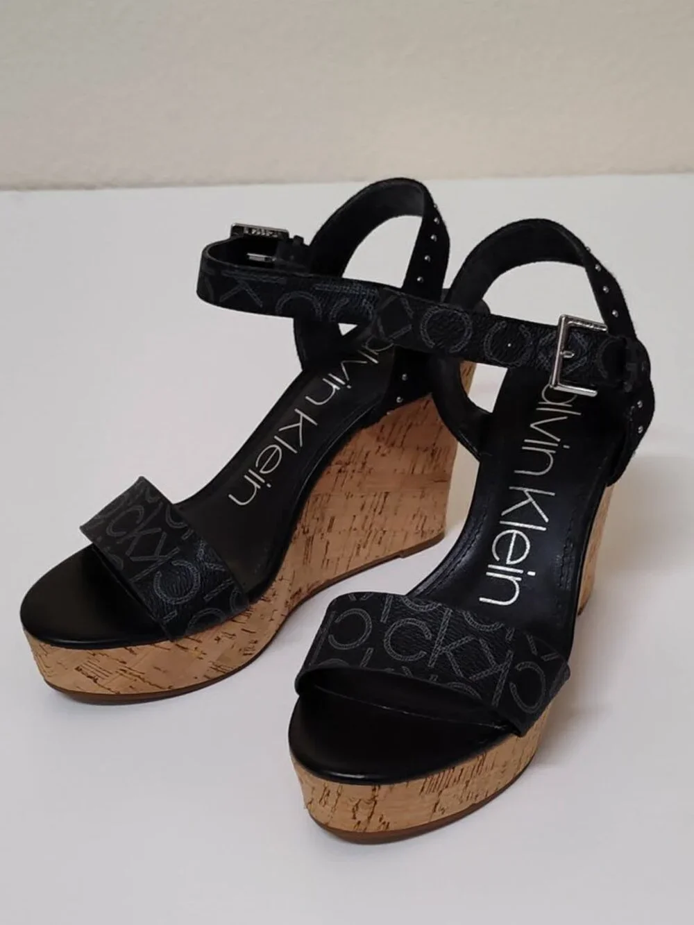 Calvin Klein Black logo Cork Wedge Platform sandal size 8